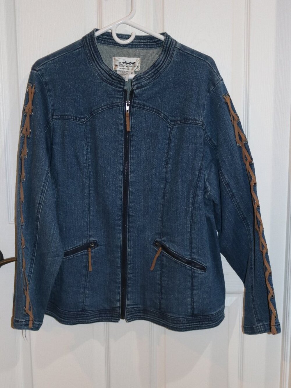 Women's Back in the Saddle, new, dark denim jacket w/ leather braiding. XL.